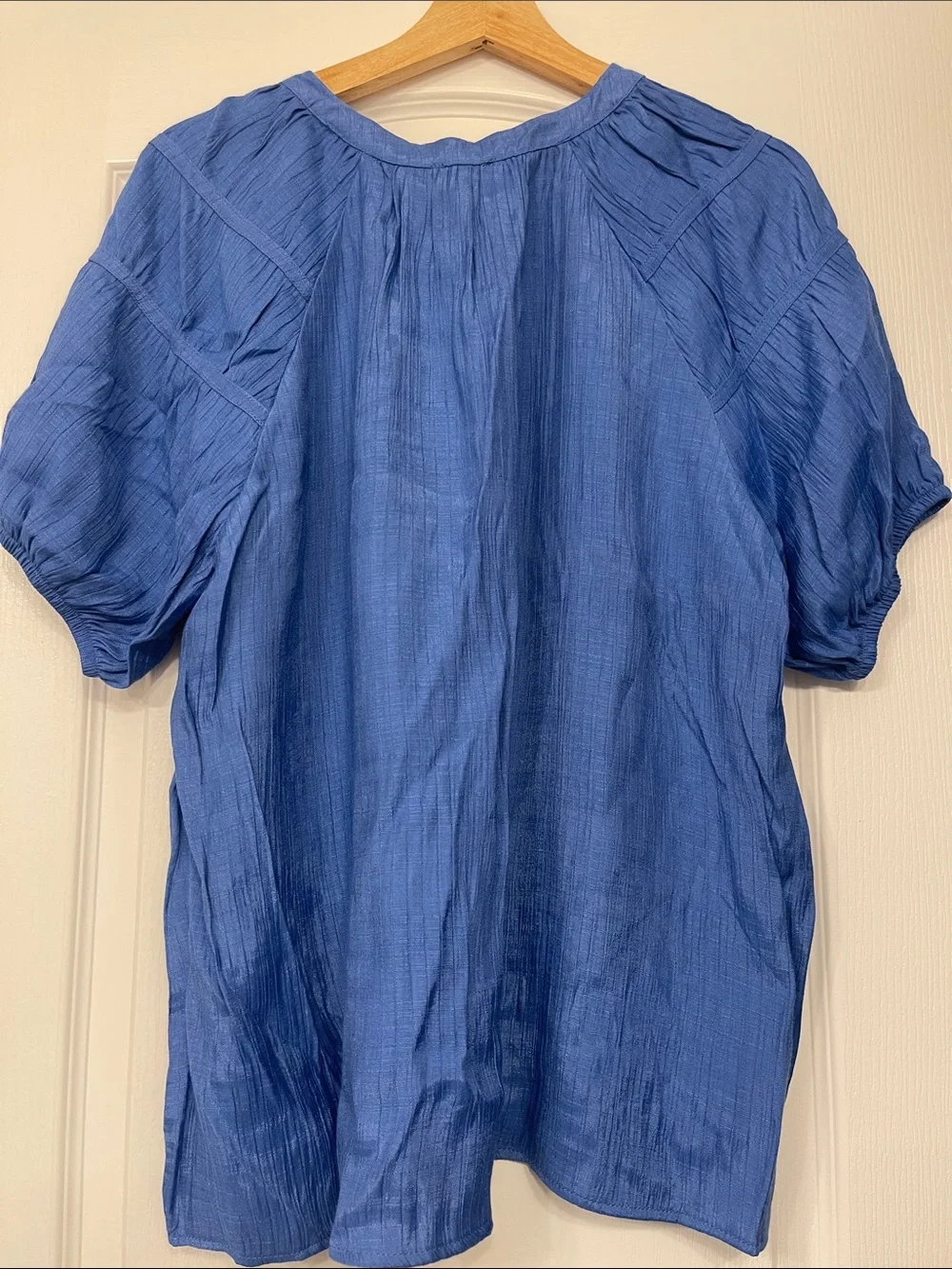 Wonderly Blue Short Sleeve Tie-Neck Peasant Blouse size large, NeW - Picture 4 of 7
